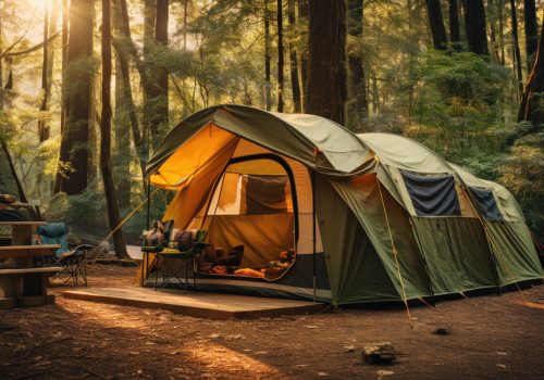 An old-fashioned tent in the woods, a call to the wild.
